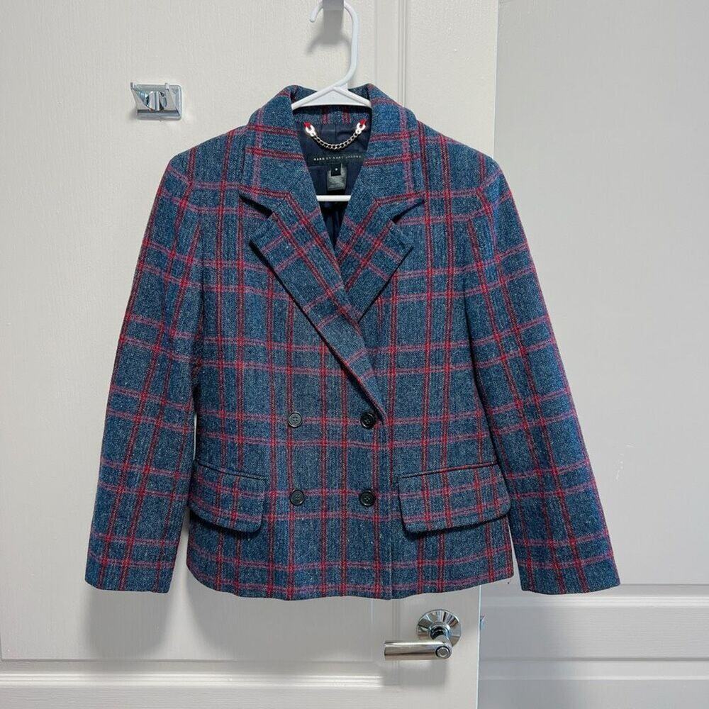 Marc by Marc Jacobs Navy Red Plaid Wool Blazer Size S